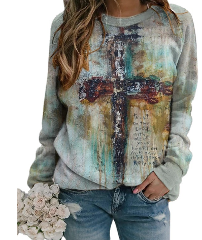 New Cross Print Long Sleeve Casual Women's Blouse