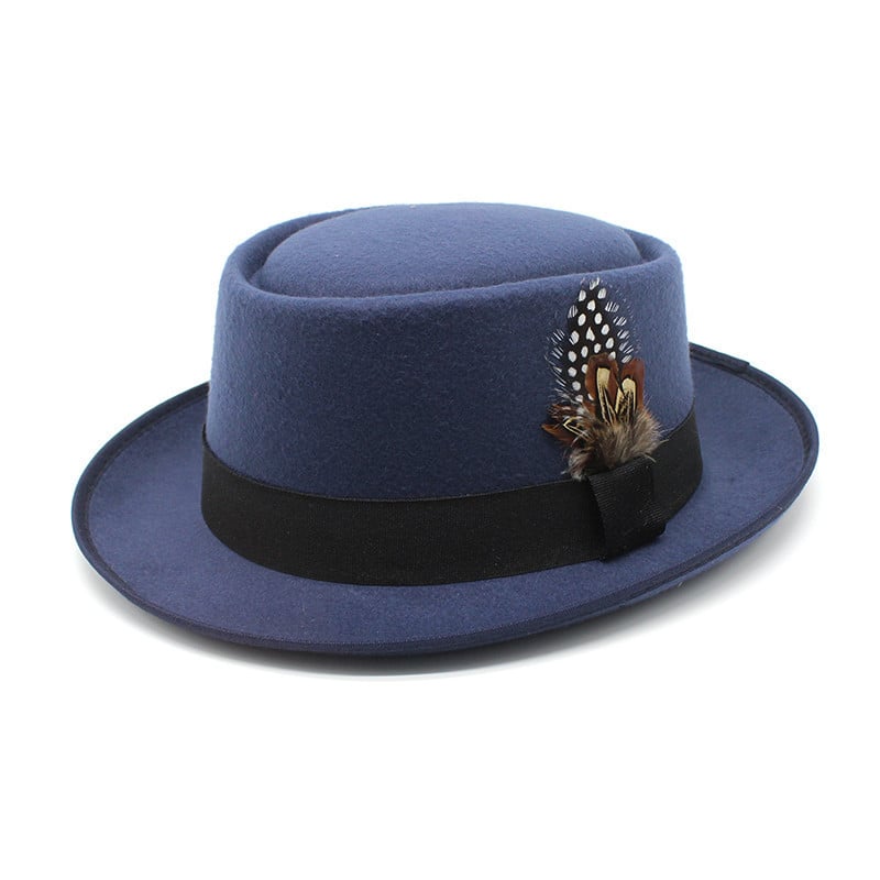 Versatile Flat Top Woolen Jazz Hat with Feather