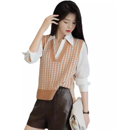 Double-Faced Houndstooth Wool Knitted Vest for Women