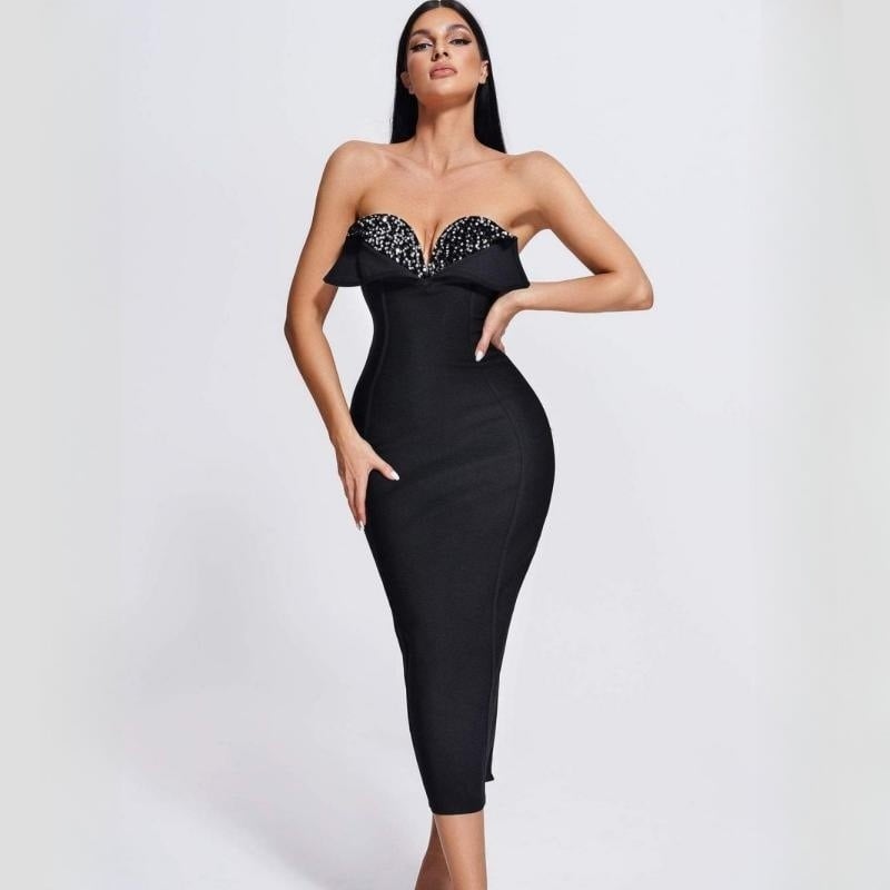 Women's Black Sequined Strapless Bandage Dress