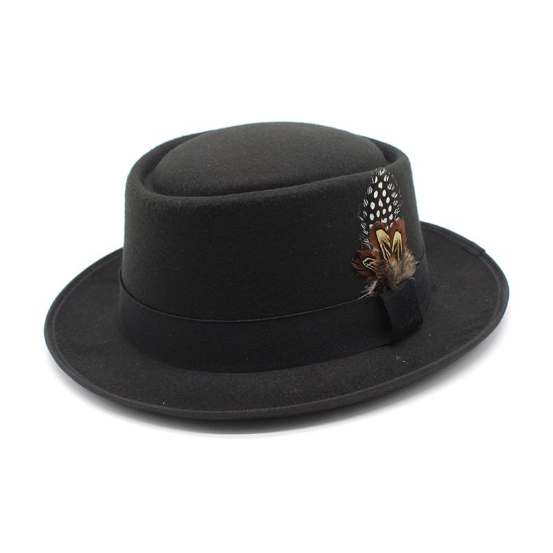 Versatile Flat Top Woolen Jazz Hat with Feather