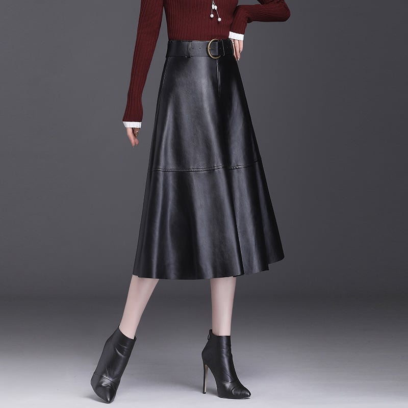 Half-Length Leather Skirt with Metal Buckle Design