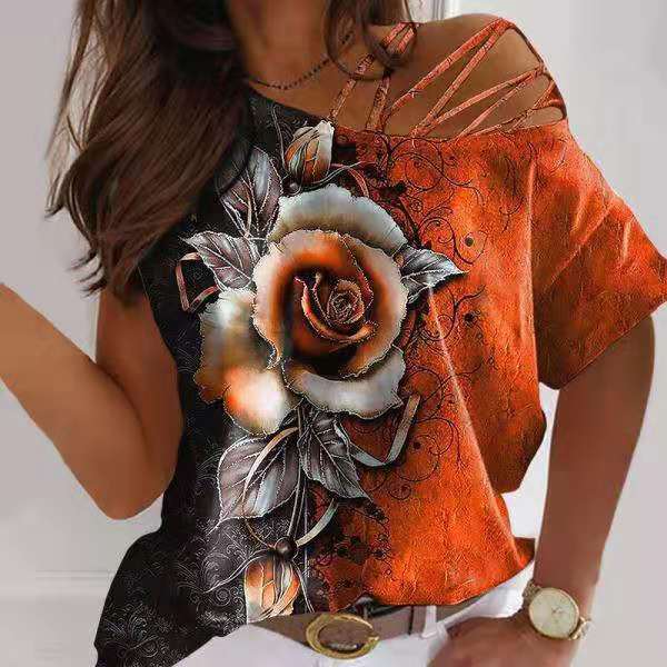 Rose Print Loose Casual T-shirt with Oblique Collar