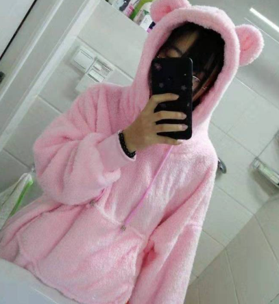 Bear Ears Fleece Hooded Sweater Coat in Lamb Wool