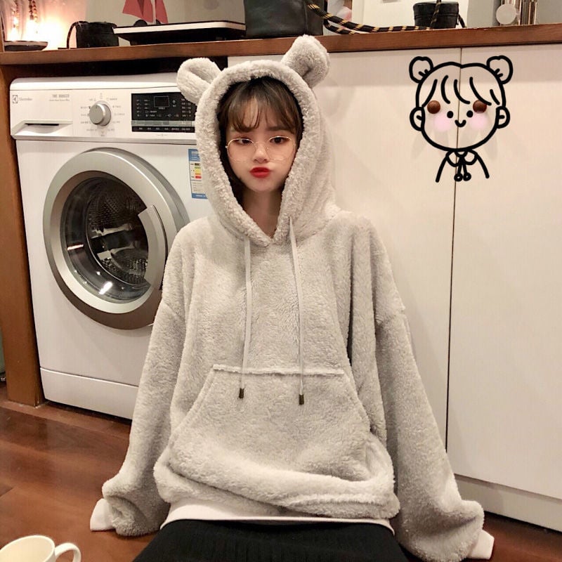 Bear Ears Fleece Hooded Sweater Coat in Lamb Wool