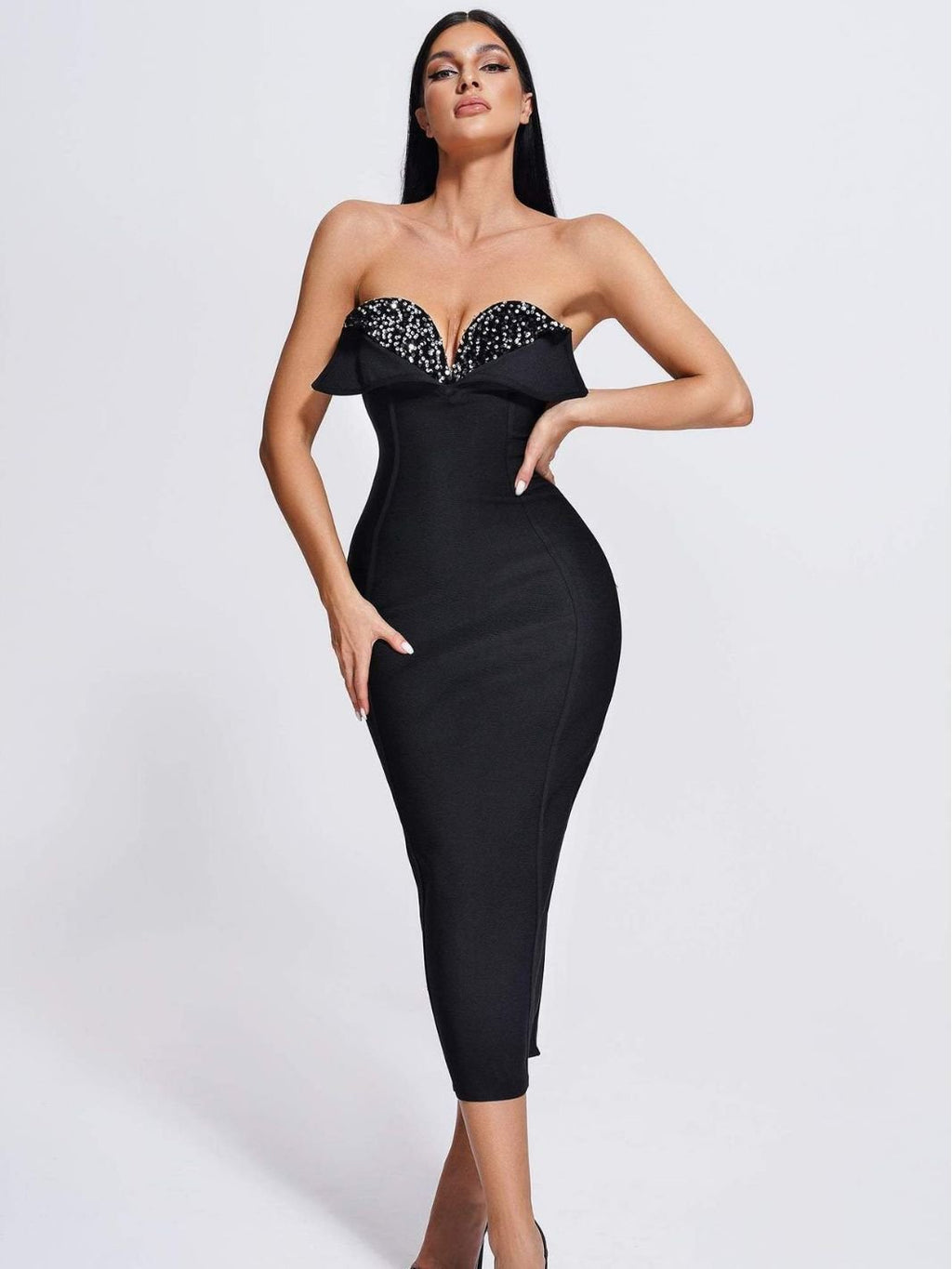 Women's Black Sequined Strapless Bandage Dress