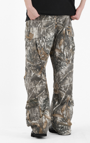 Men's Leaf Camouflage Flared Overalls with Stitching