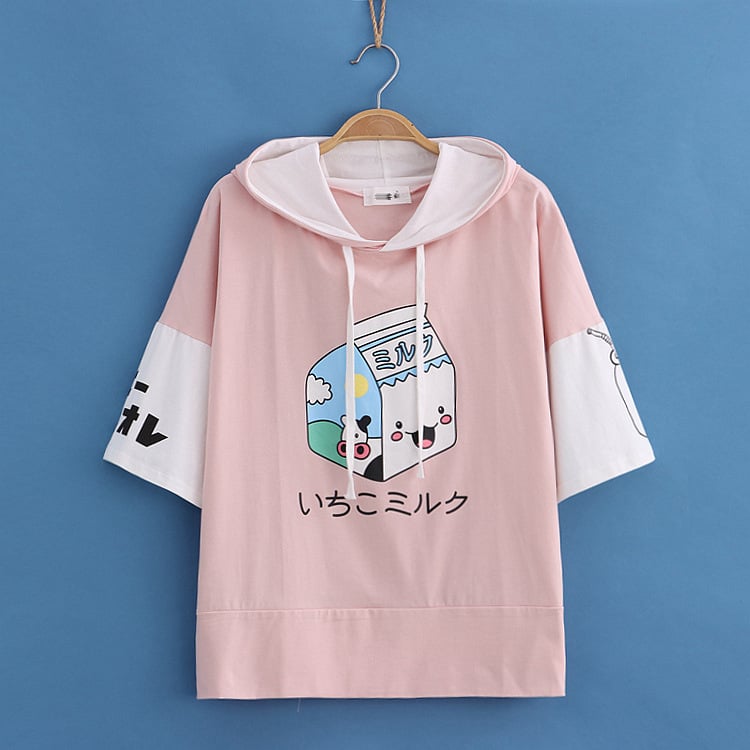 Colorblock Short Sleeve Hoodie with Milk Carton Print