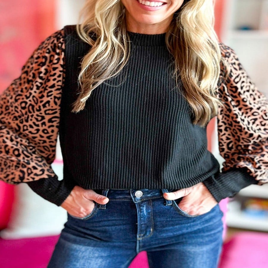 Leopard Print Knitted Long-Sleeve Sweater for Women