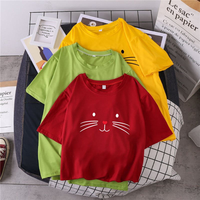 Korean 2020 Spring Summer Cute Cat Print T-Shirt