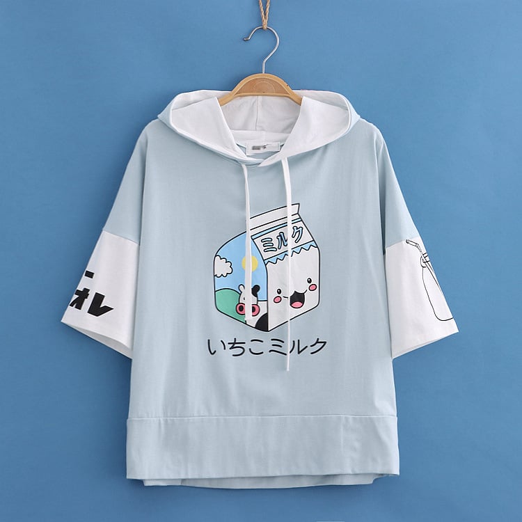 Colorblock Short Sleeve Hoodie with Milk Carton Print