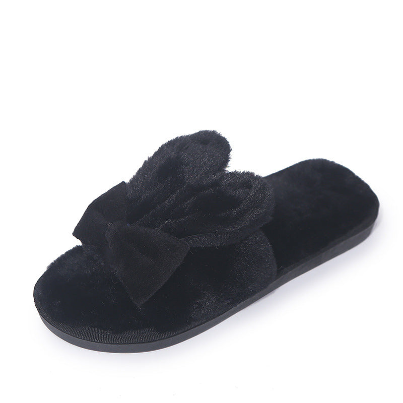 Female Furry Slippers with Bow and Rabbit Ears
