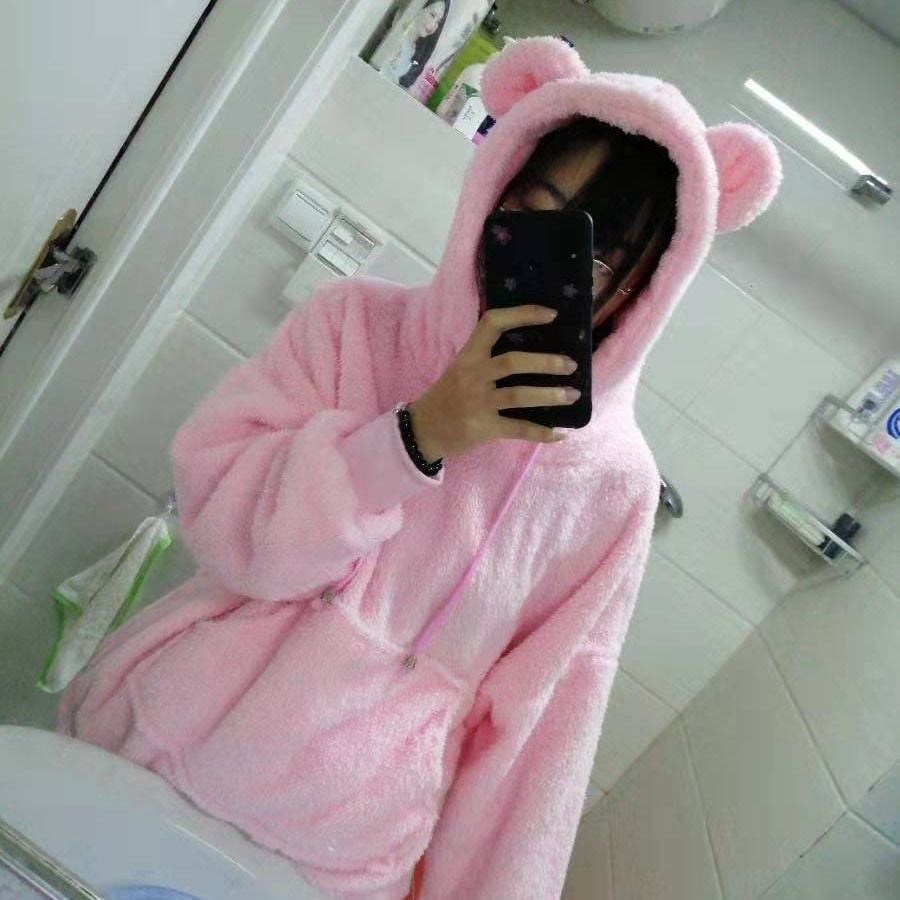 Bear Ears Fleece Hooded Sweater Coat in Lamb Wool