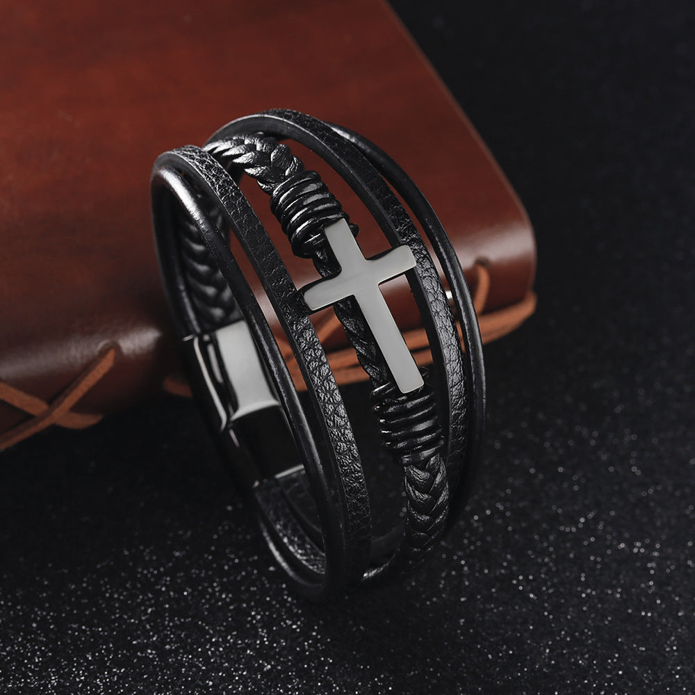 Men's Multilayer Leather & Stainless Steel Woven Bracelet