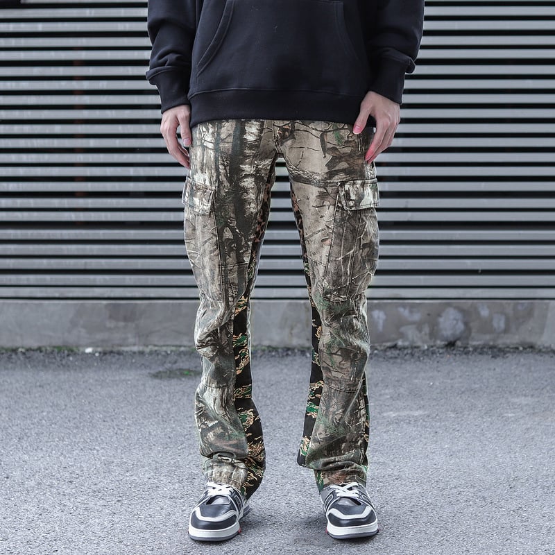 Men's Leaf Camouflage Flared Overalls with Stitching