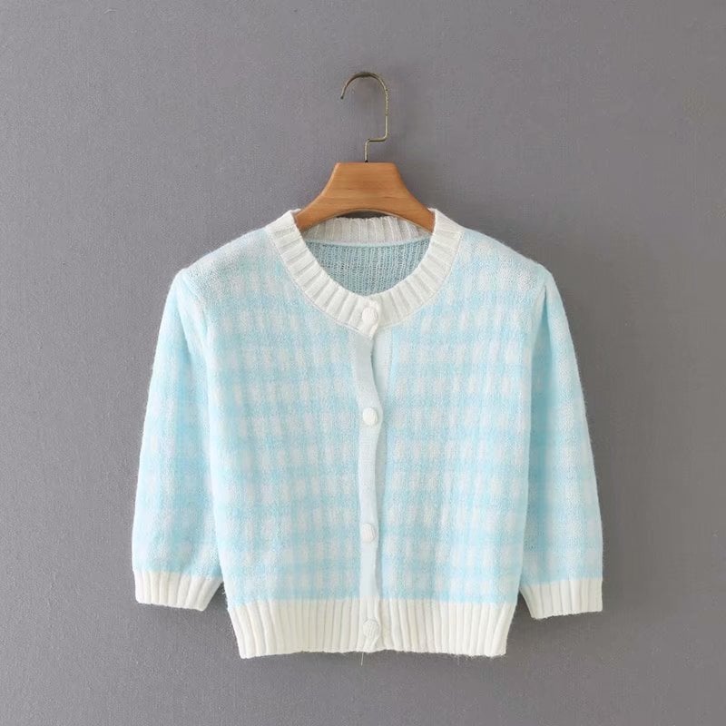 Contrast Check Round Neck Five-Point Sleeve Top
