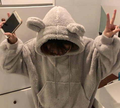 Bear Ears Fleece Hooded Sweater Coat in Lamb Wool