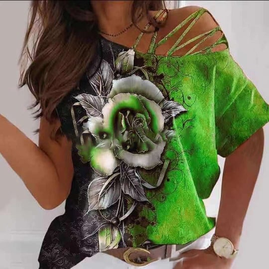 Rose Print Loose Casual T-shirt with Oblique Collar