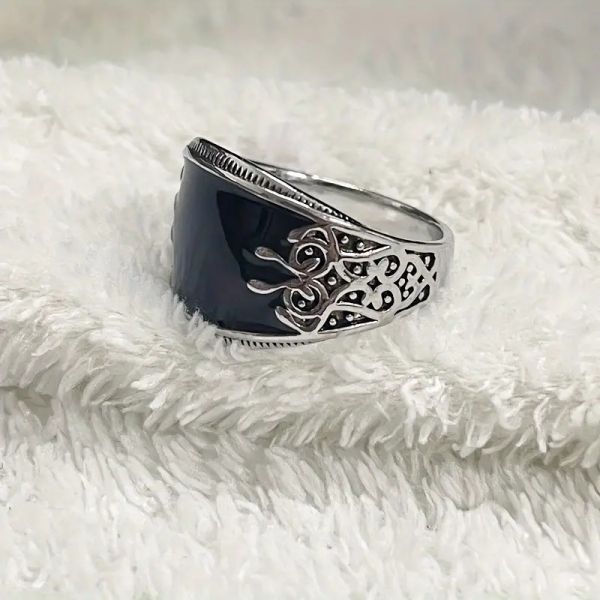 Vintage Black Oil Drop Carved Totem Ring for Men
