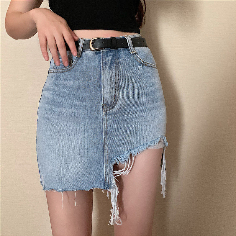 Retro High Waist Irregular Denim Skirt for Women