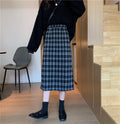 High Waist Retro Slim Woolen Plaid Mid-Length Skirt