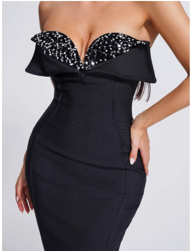 Women's Black Sequined Strapless Bandage Dress