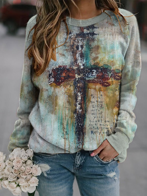 New Cross Print Long Sleeve Casual Women's Blouse