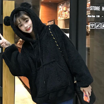 Bear Ears Fleece Hooded Sweater Coat in Lamb Wool
