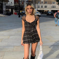 Gothic Plaid Dress with Black Lace-Up for Women