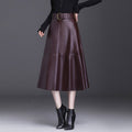 Half-Length Leather Skirt with Metal Buckle Design