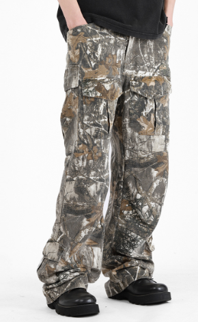 Men's Leaf Camouflage Flared Overalls with Stitching