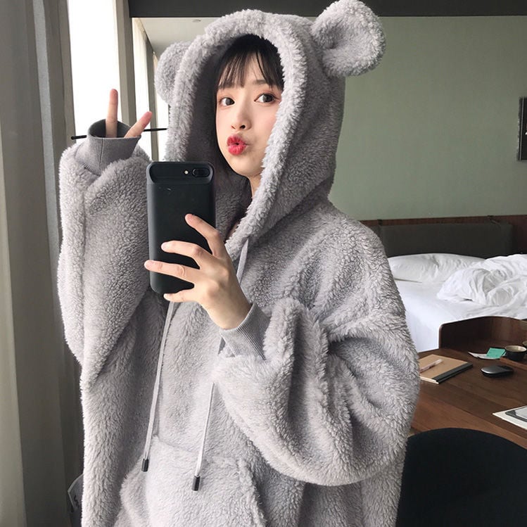 Bear Ears Fleece Hooded Sweater Coat in Lamb Wool