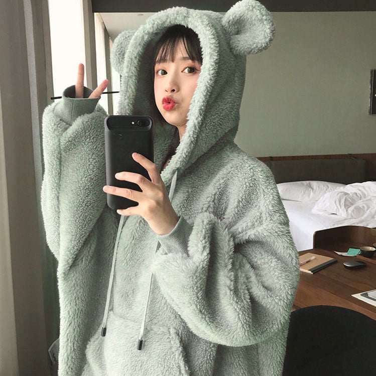 Bear Ears Fleece Hooded Sweater Coat in Lamb Wool